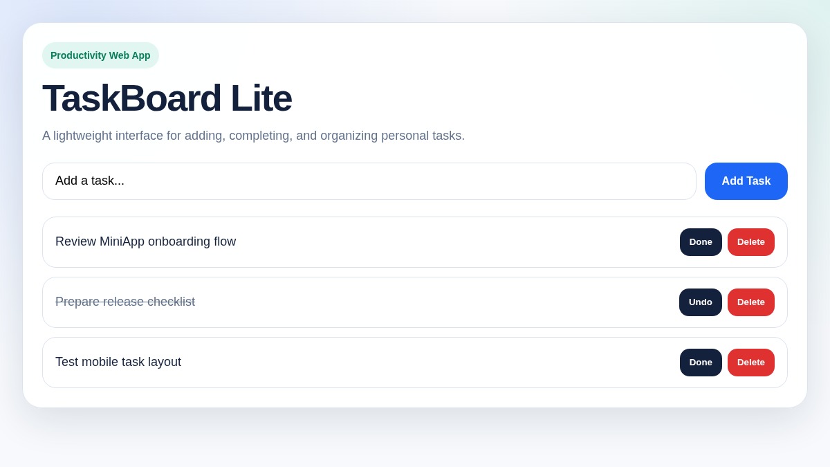 TaskBoard Lite productivity interface preview
